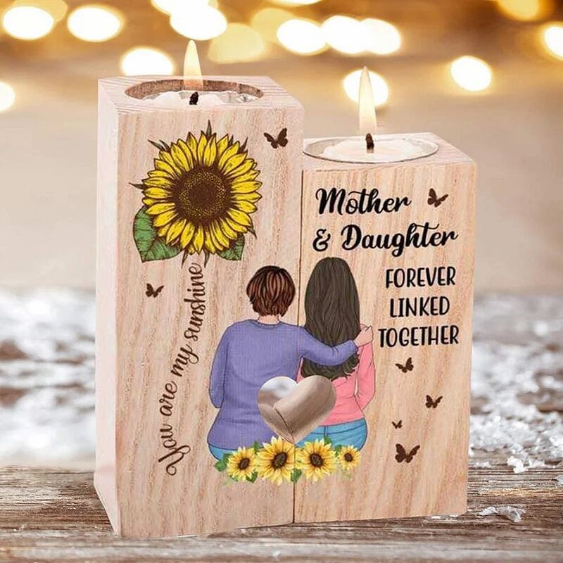 Wooden Candle Holder Gift for Mother's Day With Sunflower Pattern