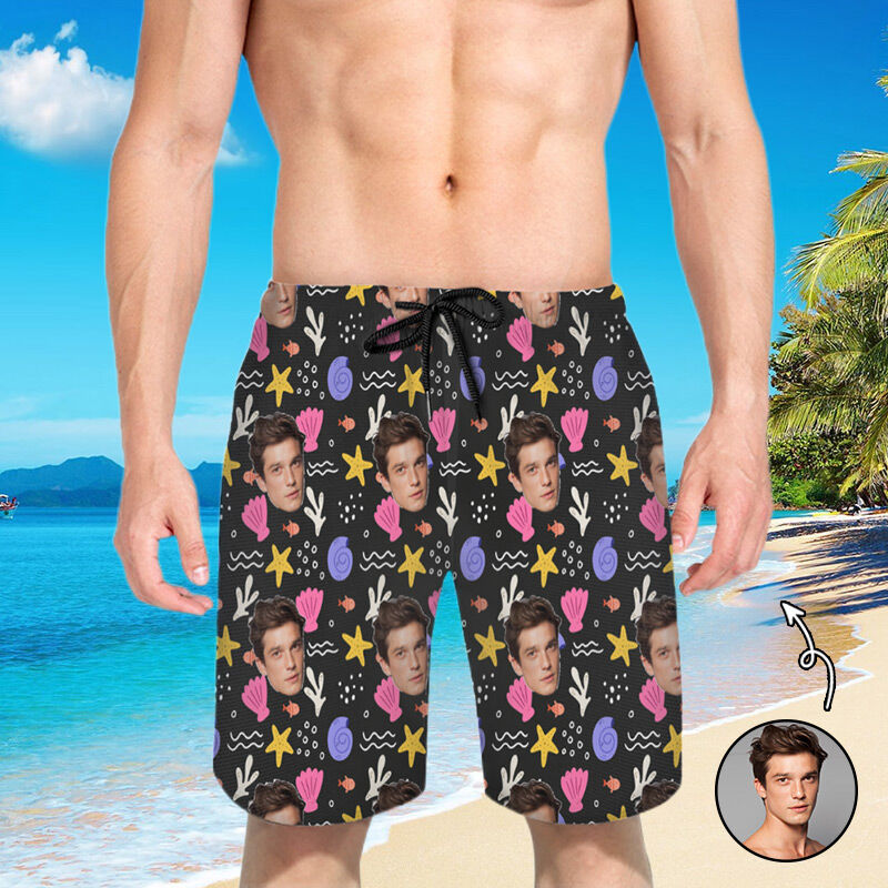 Personalized Picture Men's Beach Shorts with Conch Pattern Cute Gift for Daddy