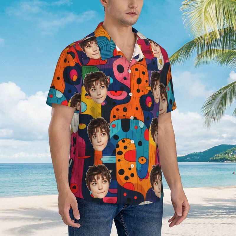 Camicia hawaiana personalizzata con stampe d'arte astratta e foto del viso per lui