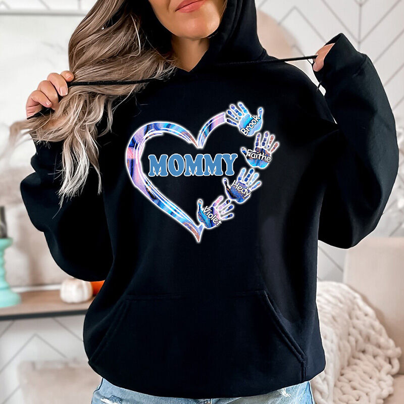 Personalized Hoodie Custom Kids Name Sparkling Heart Hands Design Exquisite Mother's Day Gift