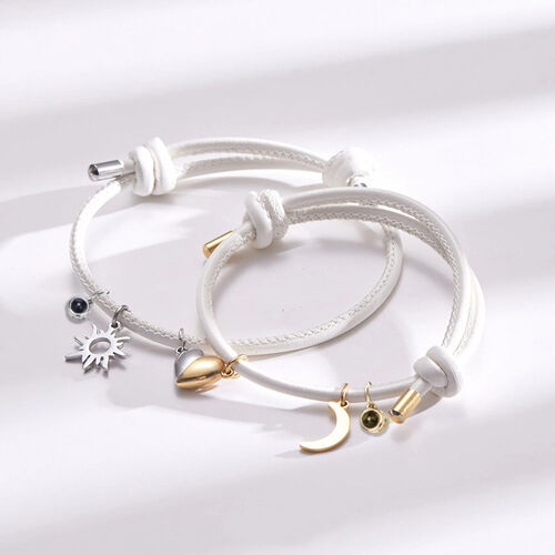Personalized Photo Projection Couple Bracelet White String with Moon and Sun Charm