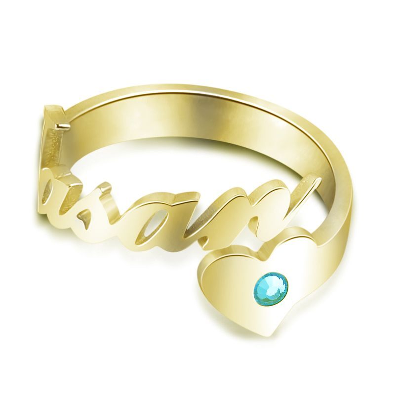 Personalized Name Ring with Birthstone Adjustable Open Cuff