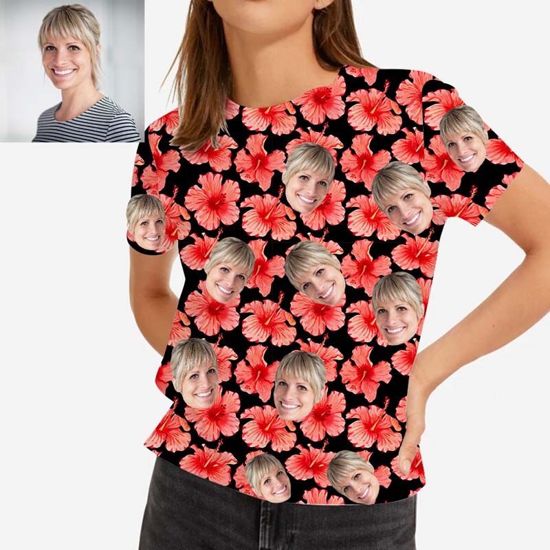 T-shirt Personnalisé Visage hawaïen pour femmes avec fleurs rouges