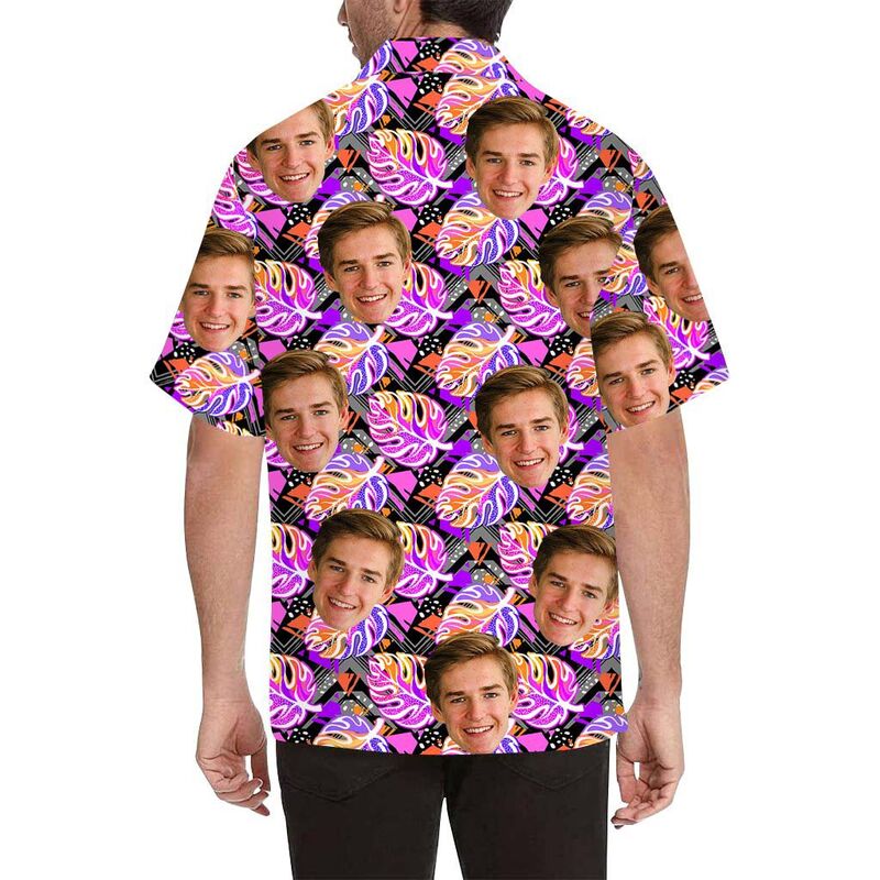 Chemise hawaïenne à impression intégrale pour hommes avec visage personnalisé et jolies feuilles violettes