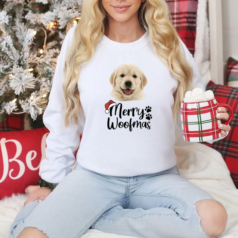 Personalized Sweatshirt Merry Woofmas with Custom Puppy Head Shot Christmas Gift for Pet Lovers