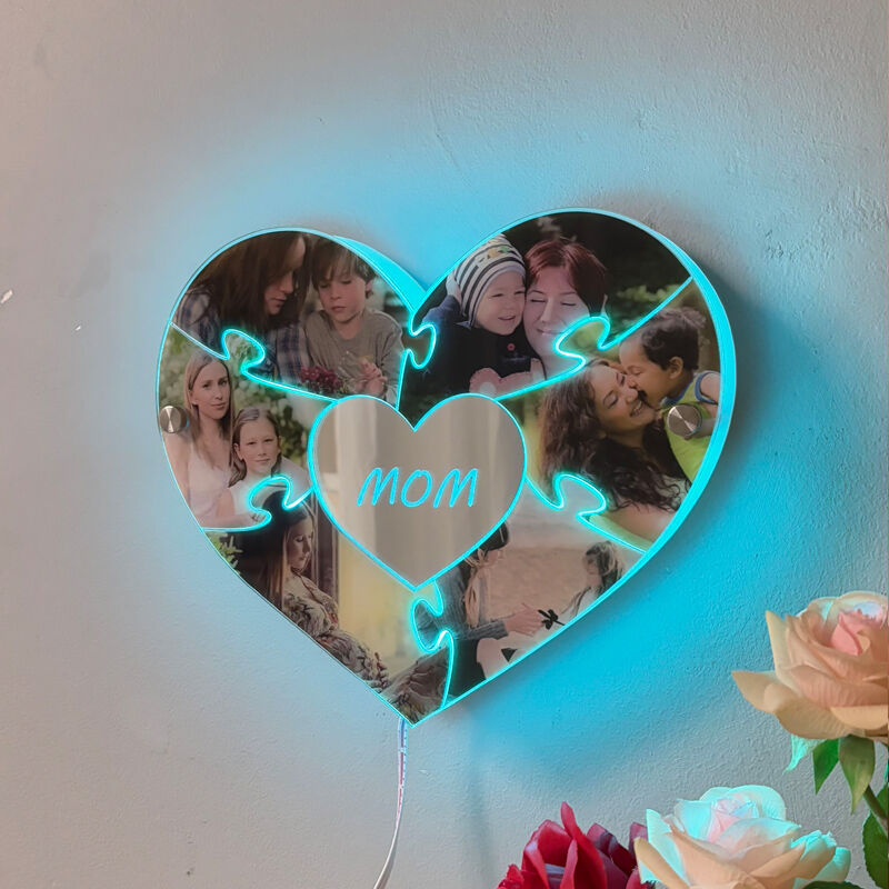Personalized Heart Shaped Mirror Light Custom Photo Warm Gift For The Best Mom