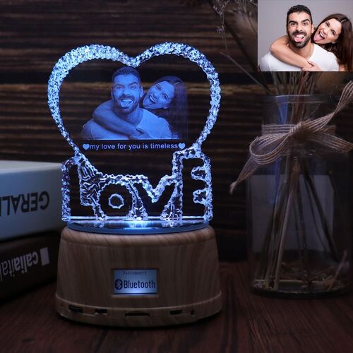 Altavoz bluetooth de lámpara de cristal con foto personalizada en azul - LOVE