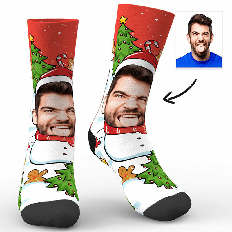 Chaussettes personnalisées avec photo de visage imprimée avec bonhomme de neige Cadeau de Noël amusant pour petit ami