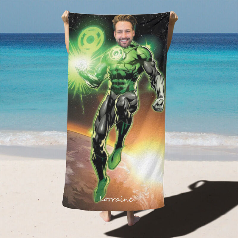 Personalized Name And Picture Beach Bath Towel with Character Pattern Controlling Green Light Interesting Present