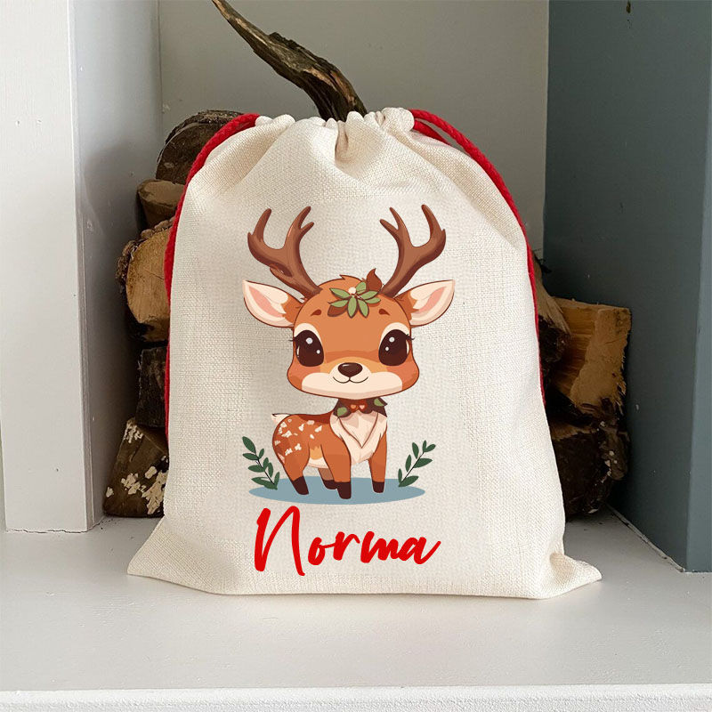 Personalised Santa Sack Cute Deer Custom Name Christmas Gift Bag