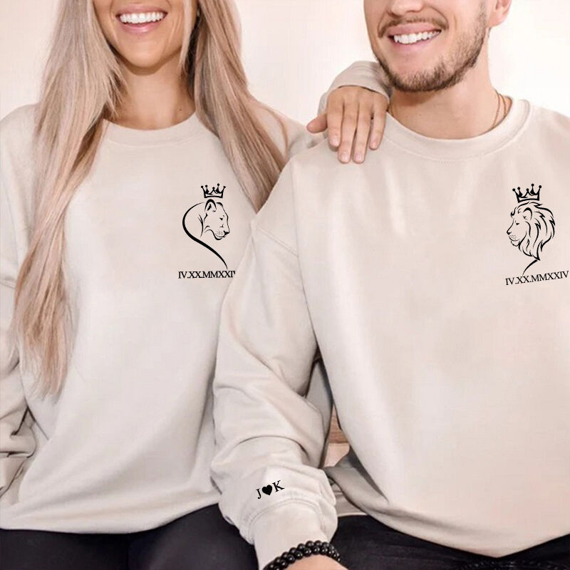 Personalisierte Sweatshirt Löwe König Paar Krone Design mit benutzerdefinierten römischen Zahl Datum Geschenk für Verliebte