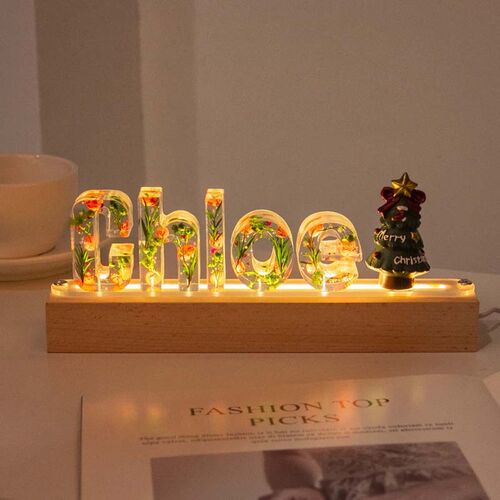Custom Dried Flower Resin Name Letter Lamp with Christmas Tree