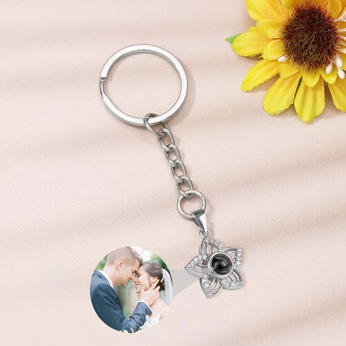 Sterling Silver Personalized Flower Photo Projection Keychain with Diamonds