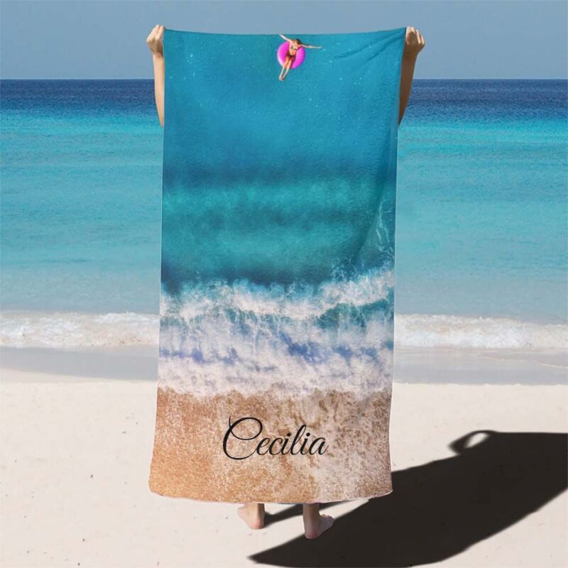 Custom Name Bath Towel with Blue Sea Pattern for Mother
