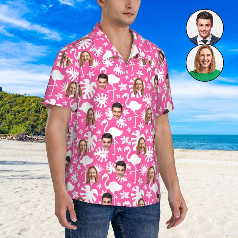 Benutzerdefinierte Gesicht Oberteile Weiß Flamingo Hawaii-Hemden Unisex für Paare im Urlaub