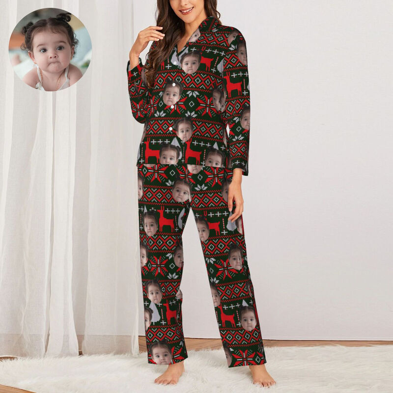 Personalized Pajamas Custom Photo Reindeer Snowflake Red and Black Style Design Gift for Family