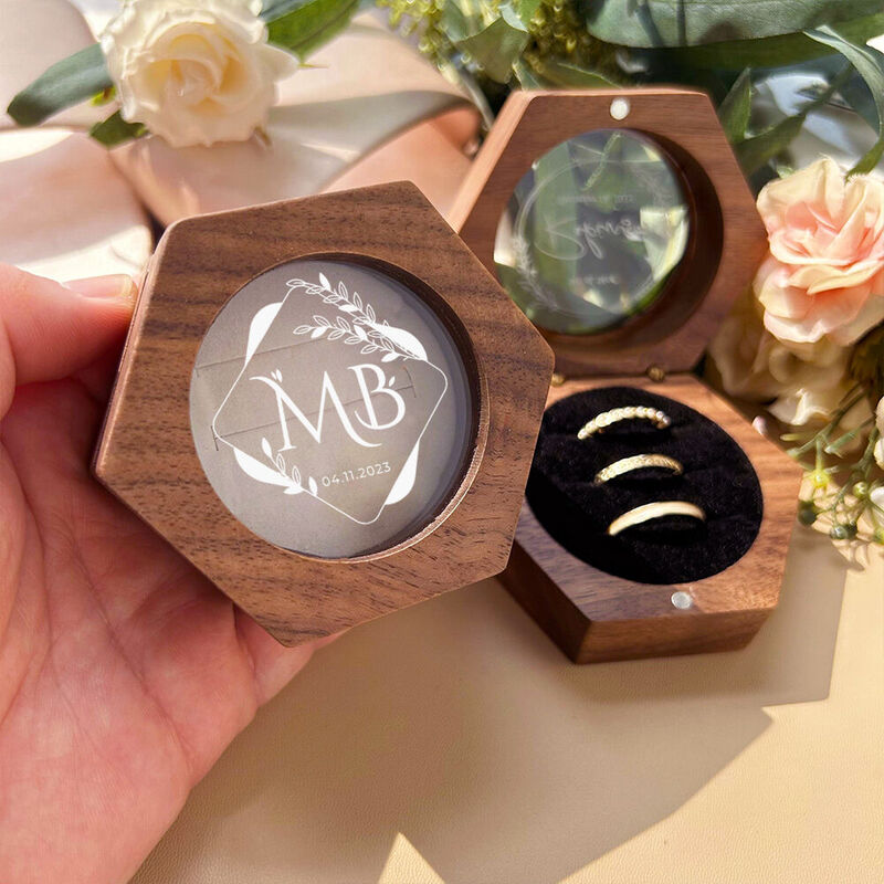 Personalized 2 Slot Ring Box Wood Ring Box Unique Jewelry Box for Wedding Ceremony