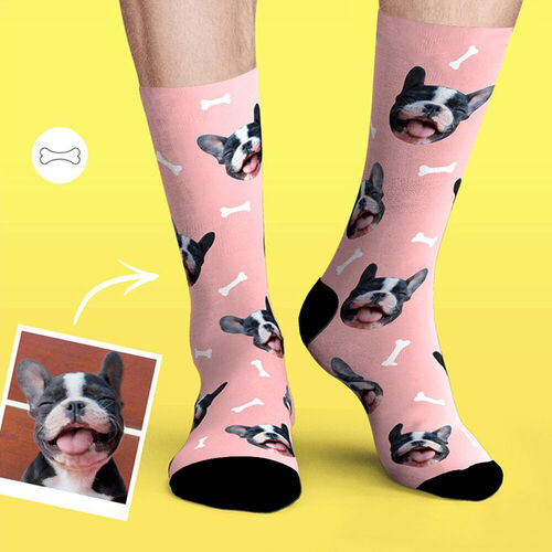 Custom Pet Face Picture Socks with Bones Pattern Gift for Pet Friend