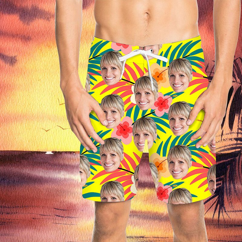 Custom Face Mix Pretty Leaves and Flowers Men's Beach Shorts