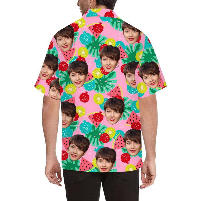 Chemise hawaïenne à impression intégrale pour hommes, grenade et pastèque, avec visage personnalisé