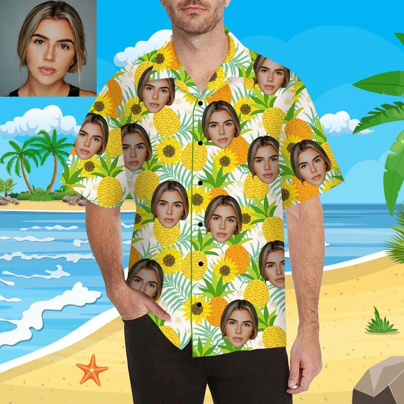 Chemise hawaïenne imprimée sur tout le corps pour hommes, avec visage personnalisé, tournesol et ananas