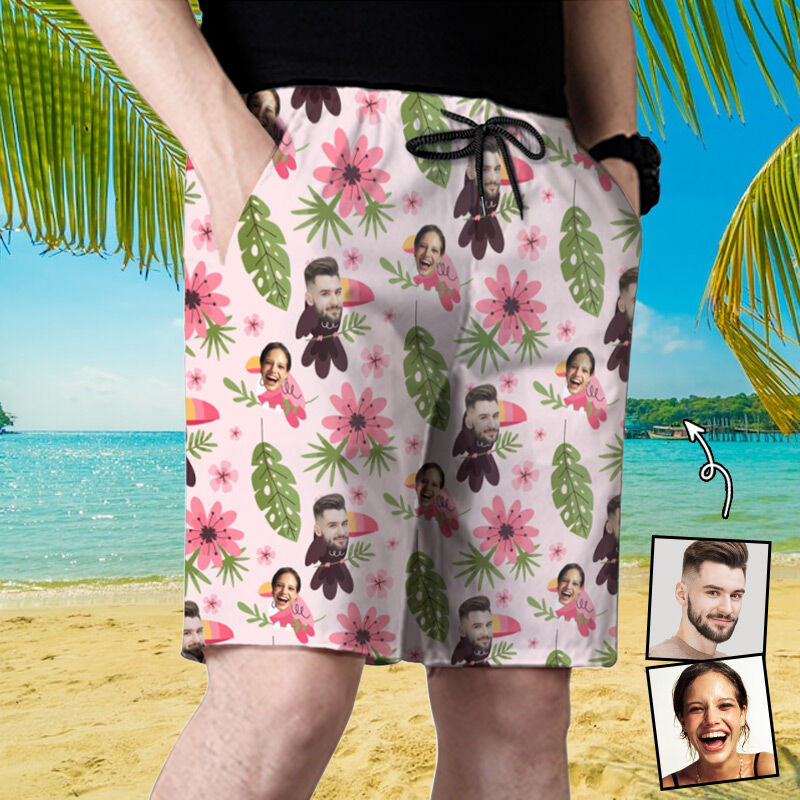 Personalized Picture Men's Beach Shorts with Pink Flowers Pattern Cute Gift for Family