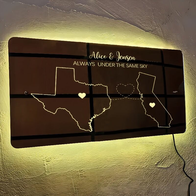 Personalized Mirror Lamp Custom Map Outline Gift For Long Distance Relationship