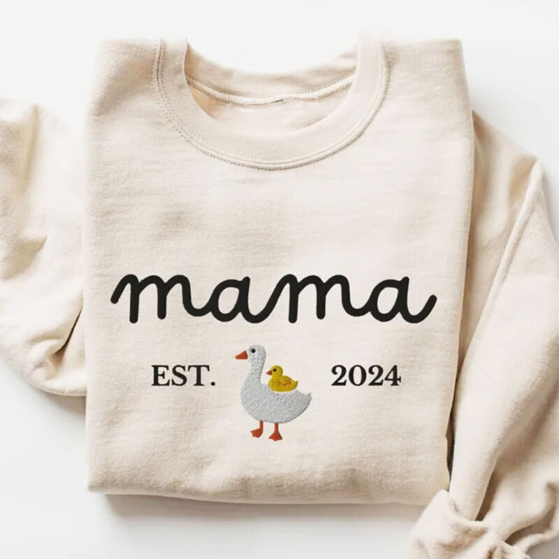 Personalized Sweatshirt Embroidered Mama Duck and Duckling Pattern Design Funny Mother's Day Gift