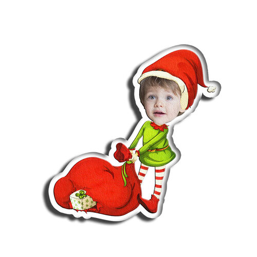 Individuelles Gesichtskissen Junge schleppt Tasche mit Geschenken 3D Porträt Personalisiertes Fotokissen Weihnachtsgeschenk