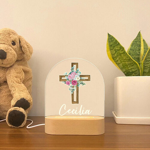 Personalisierte Holz Acryl individuelle Name Lampe mit Kreuz und Blumenmuster für Familie