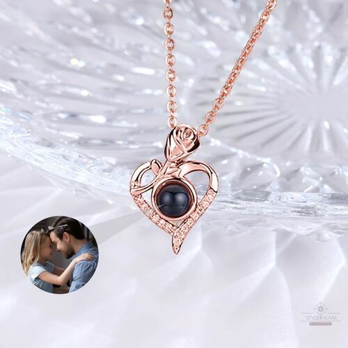Personalized Heart Photo Projection Necklace With Rose Ornament for Mom