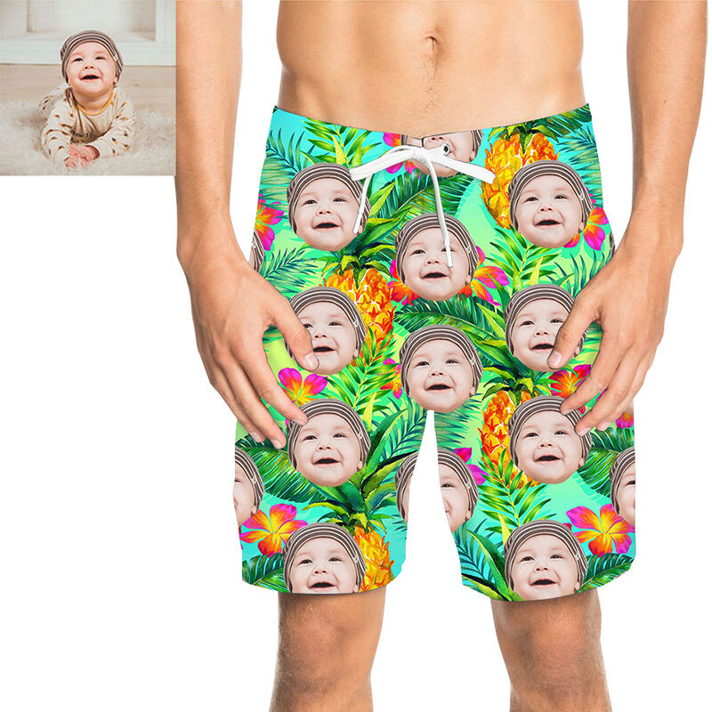 Custom Face Colorful Leaves Men's Beach Shorts