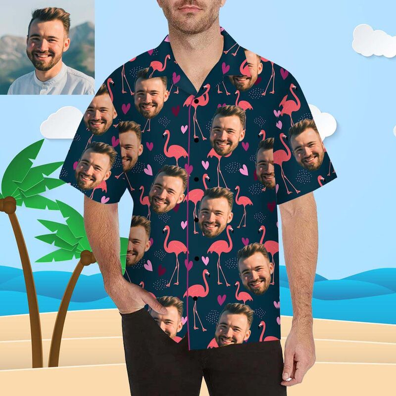 Chemise hawaïenne pour hommes à impression intégrale, avec visage personnalisé, flamant et cœur