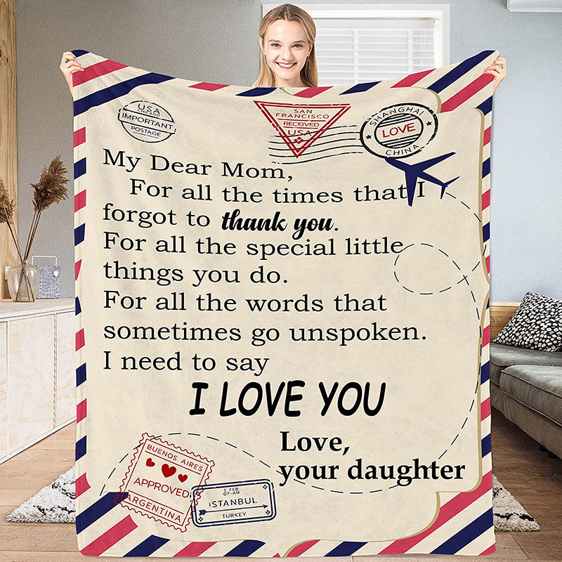 Personalized Flannel Letter Blanket Postmark Airplane from Daughter to Mom