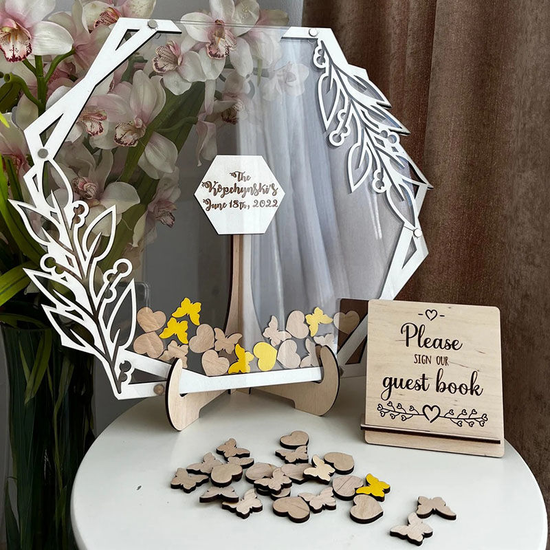 Personalized Flower hexagon Wooden Acrylic Custom Name Guest Book