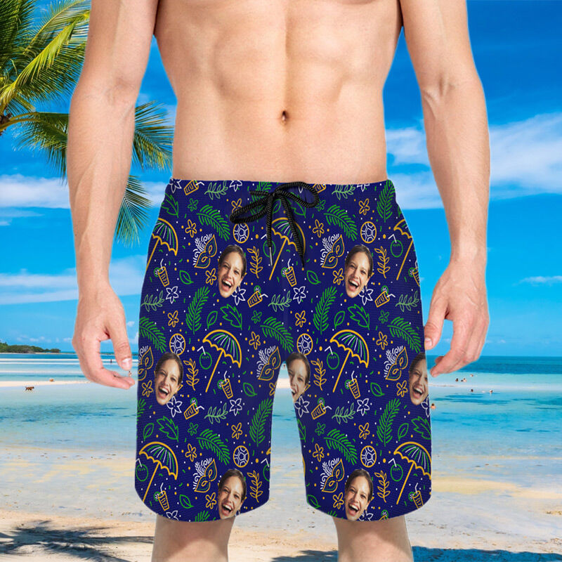 Personalized Picture Men's Beach Shorts with Coconut Pattern Entertaining Gift for Brother