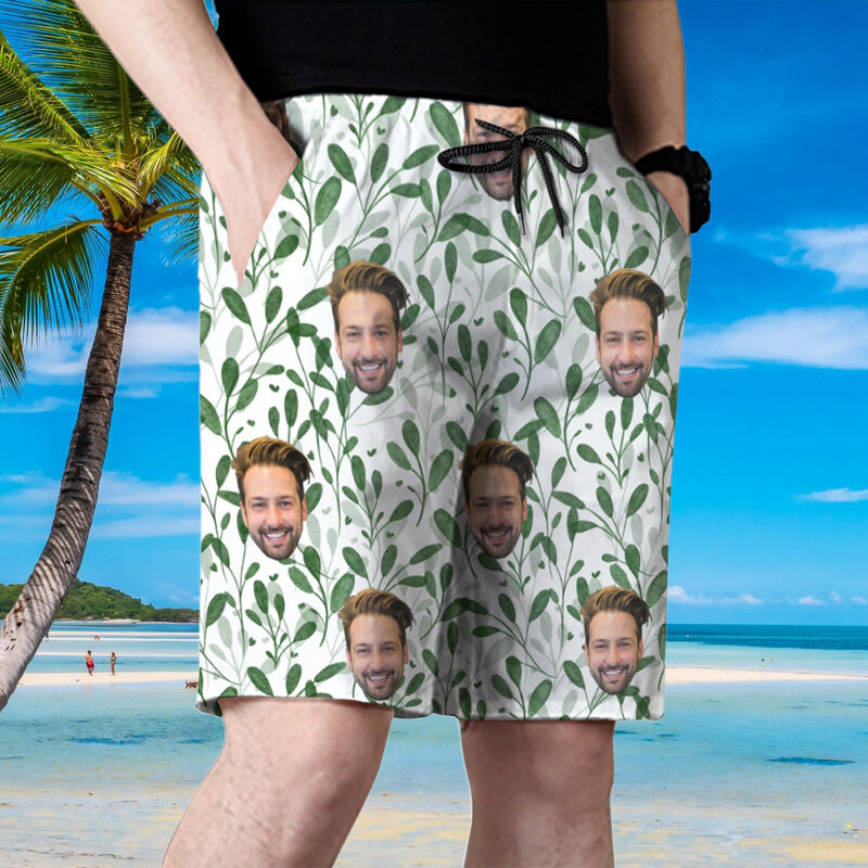 Personalized Picture Men's Beach Shorts with Grass Pattern Simple Present for Boyfriend