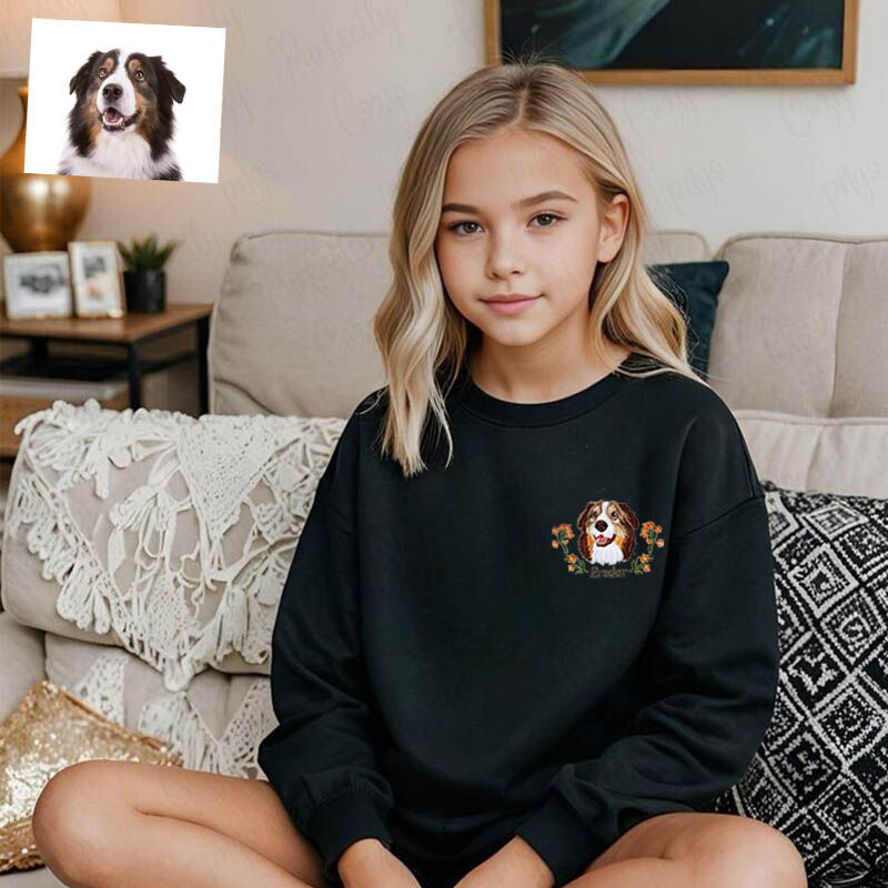 Personalized Kids Embroidered Sweatshirt Color Photo of Pet's Head with Flower Decor Gift for Children