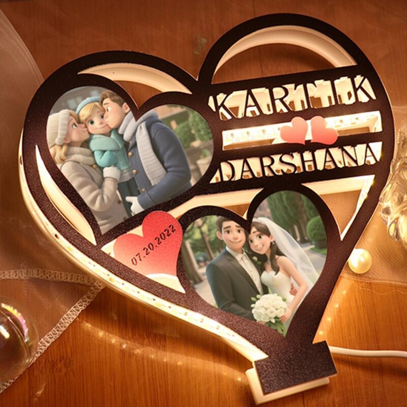 Personalized Heart Shaped Night Light Custom Cartoon Style Photos And Names Cute Gifts For Couples