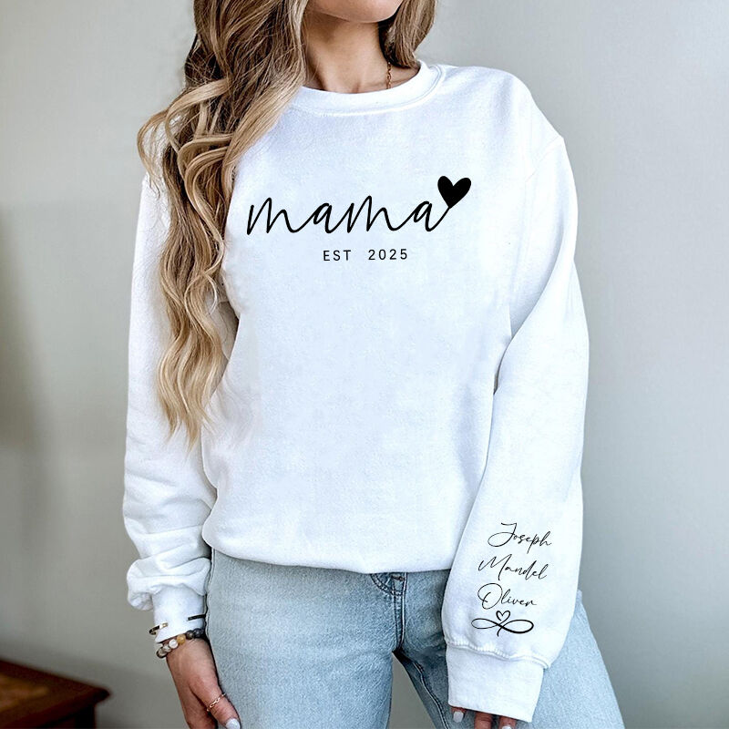 Personalized Sweatshirt Mama Heart Custom Names On The Sleeve Design Perfect Gift for Mother's Day