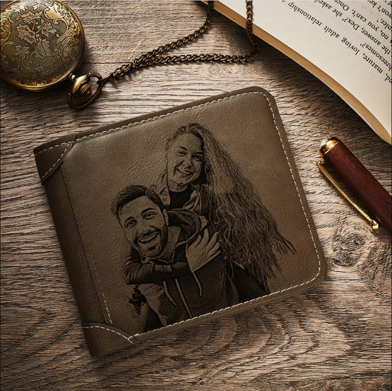 Men's Custom Photo Engraved Wallet Brown Leather Gift For Father