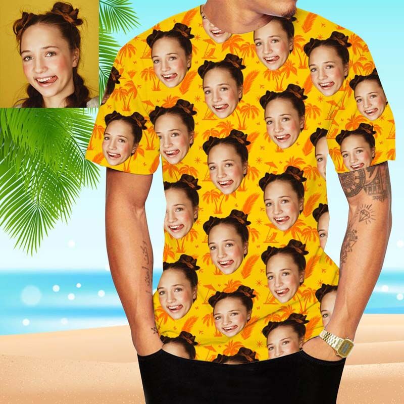 Custom Face Hawaiian T-Shirt With Beach & Coconut Trees