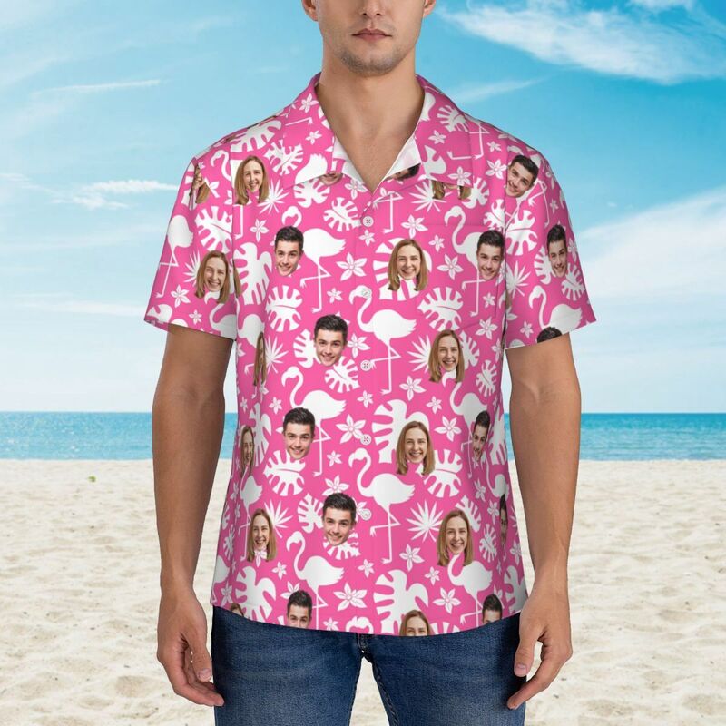 Benutzerdefinierte Gesicht Oberteile Weiß Flamingo Hawaii-Hemden Unisex für Paare im Urlaub