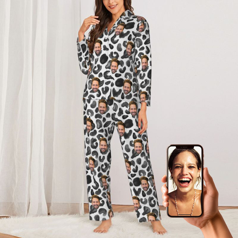 Personalized Pajamas Custom Photo Black Leopard Print Style Chic Design Gift for Family Members