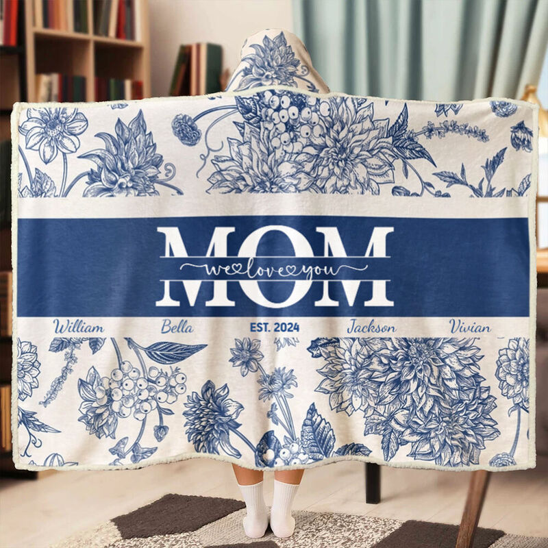 Personalized Name Wearable Blanket Hoodie with Beautiful Flowers Pattern Elegant Gift for Mother's Day