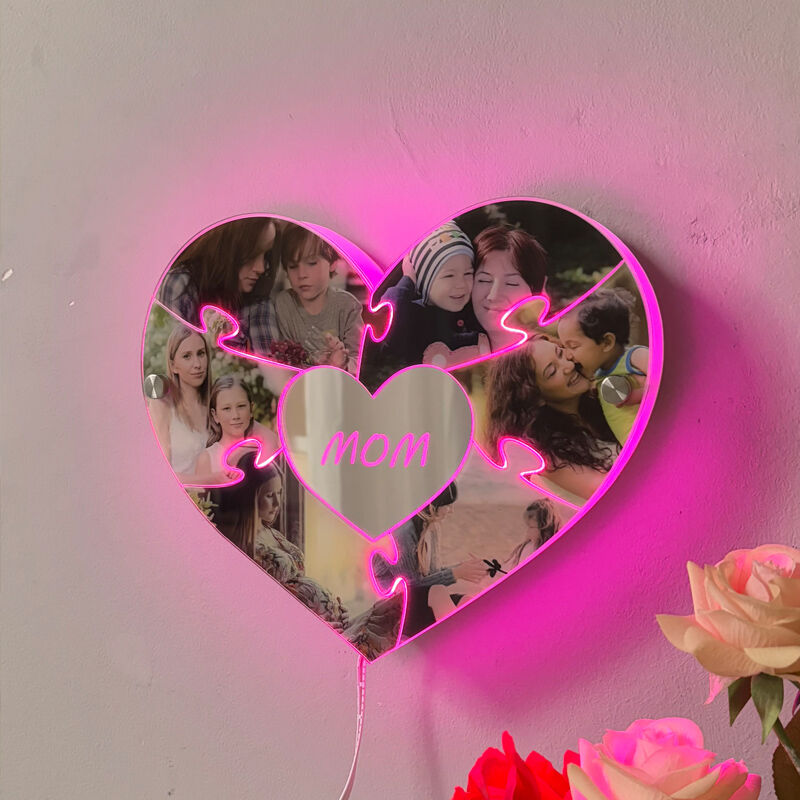 Personalized Heart Shaped Mirror Light Custom Photo Warm Gift For The Best Mom