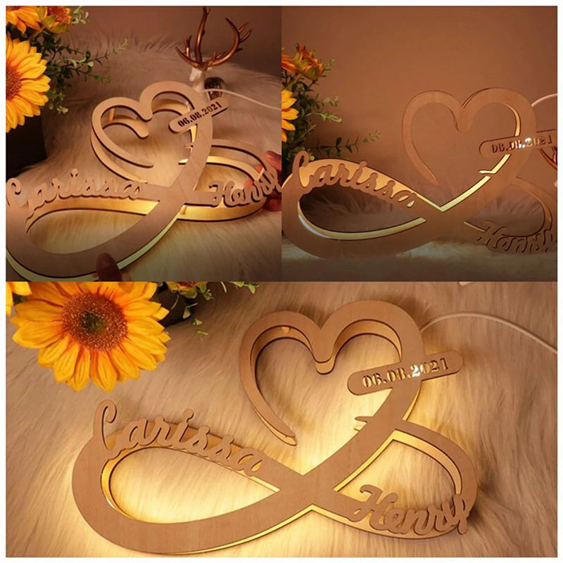 Individuelle Name Holz Graviert Herz und Unendlichkeit Tabelle Holz Lampe