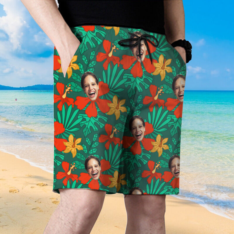 Personalized Picture Men's Beach Shorts with Red Flowers Pattern Simple Present for Family