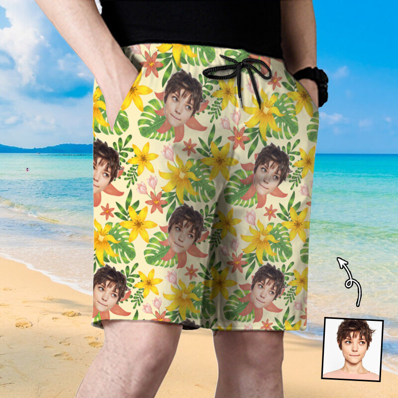 Shorts de plage Photo personnalisée  pour homme motif floral jaune Cadeau créatif pour un ami