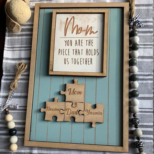"Mom you hold us together" Personalized Puzzle Sign Blue
